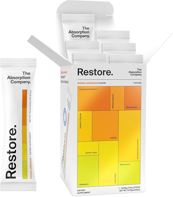 Electrolyte Powder Packets - Workout Recovery & Hydration Drink Mix with Liposomal Glutathione, Vitamin C & Methylated B Vitamins - Mango Lemonade (7 Sticks)