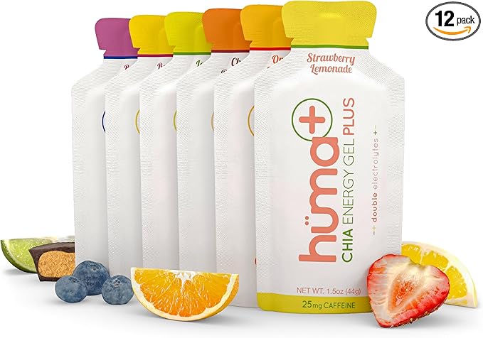 Huma Plus (Double Electrolytes) Chia Energy Gel, Variety Pack, 12 Gels - Stomach Friendly, Real Food Energy Gels